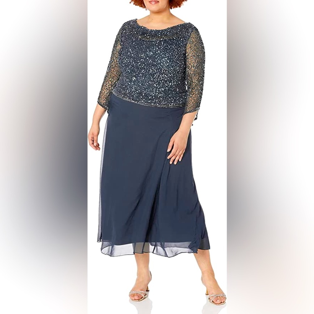 J Kara Women's Plus Size Long Beaded Dress with Cowl Neck